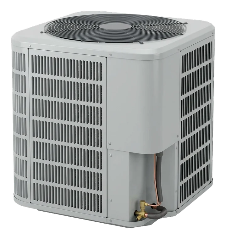 Outdoor heat pump condensing unit beside a Marietta home