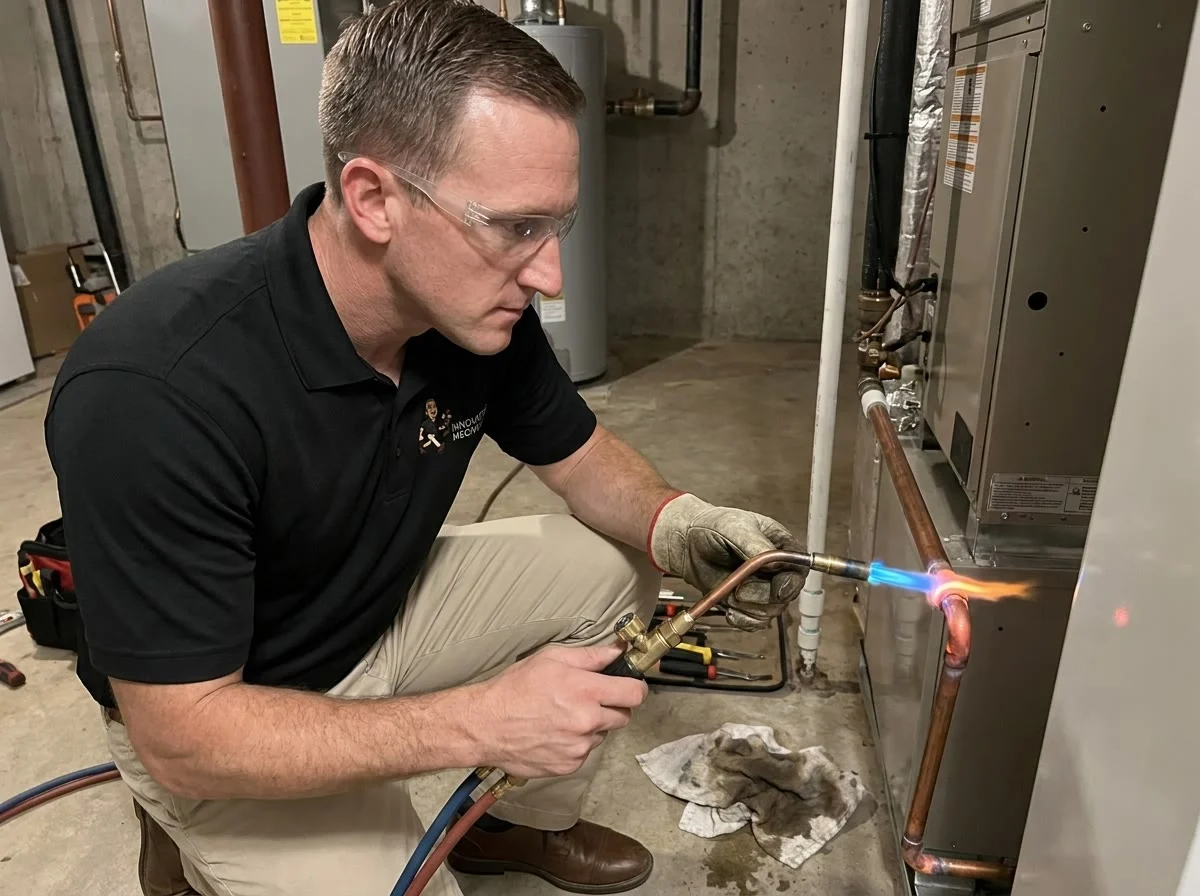 Innovative Mechanical technician brazing a refrigerant line set on a north metro Atlanta install