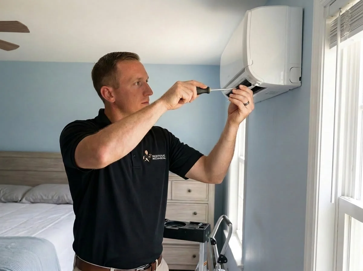 Ductless mini-split head mounted in a bonus room in north metro Atlanta