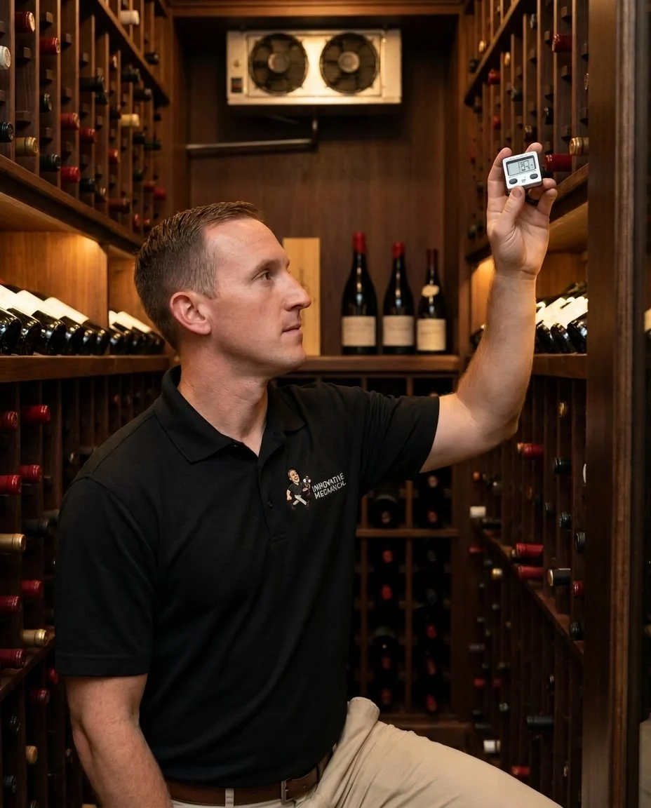 Innovative Mechanical technician servicing a wine cellar cooling unit