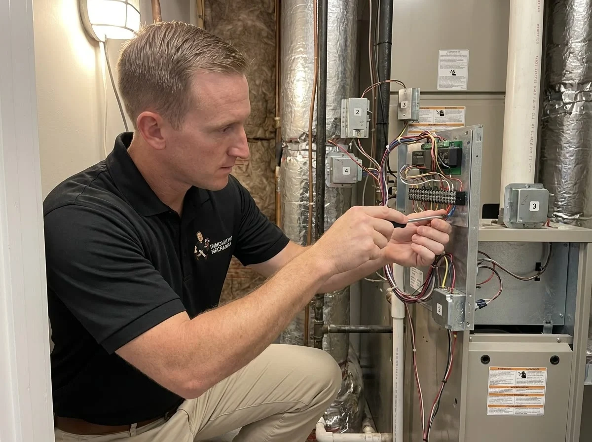 Innovative Mechanical technician setting up ductwork zoning controls in a north Atlanta home