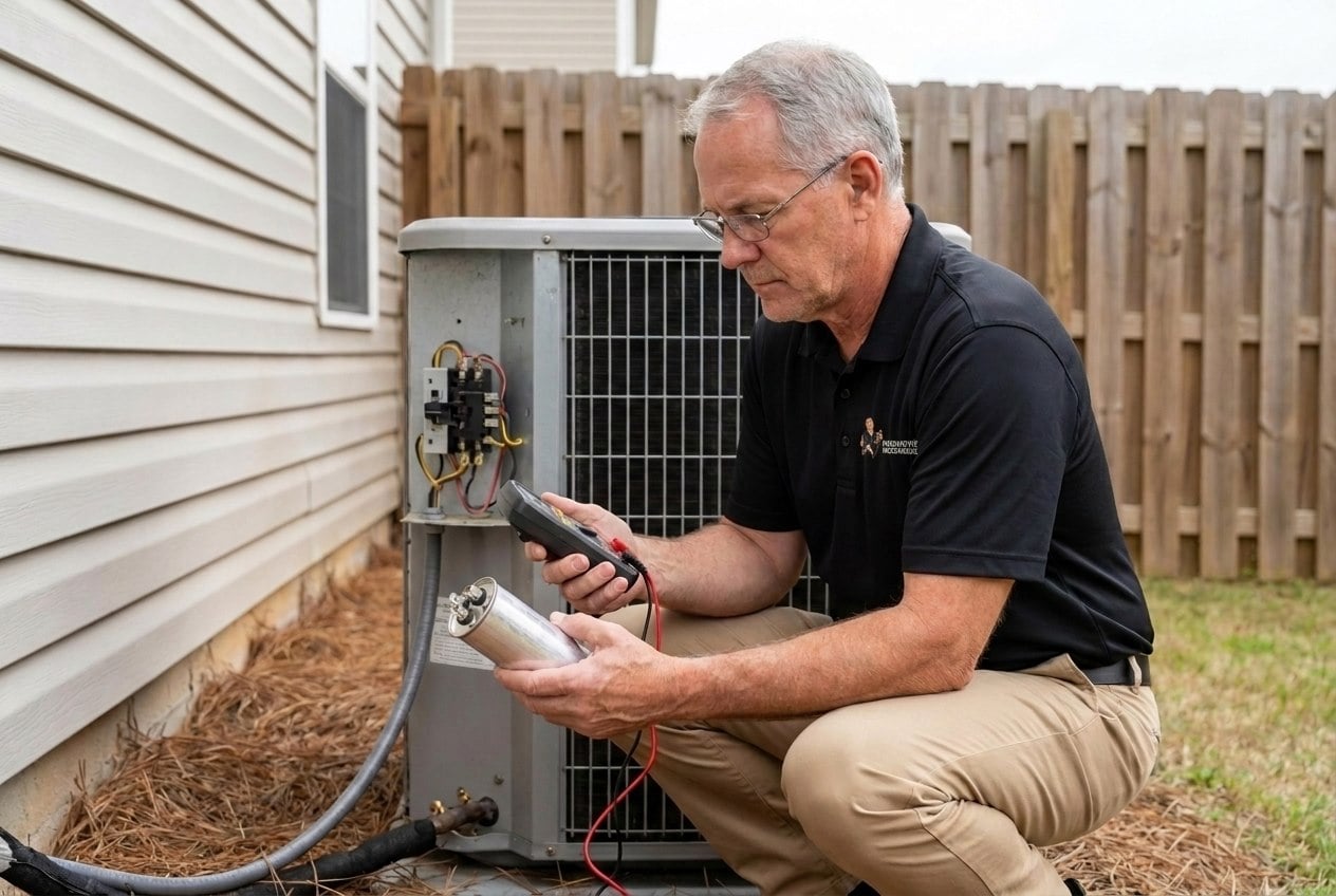 Innovative Mechanical technician testing an AC capacitor at an outdoor condenser in Marietta, GA