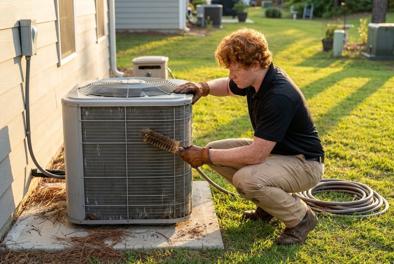 Innovative Mechanical technician cleaning an outdoor AC condenser coil during air conditioning maintenance in Marietta, GA
