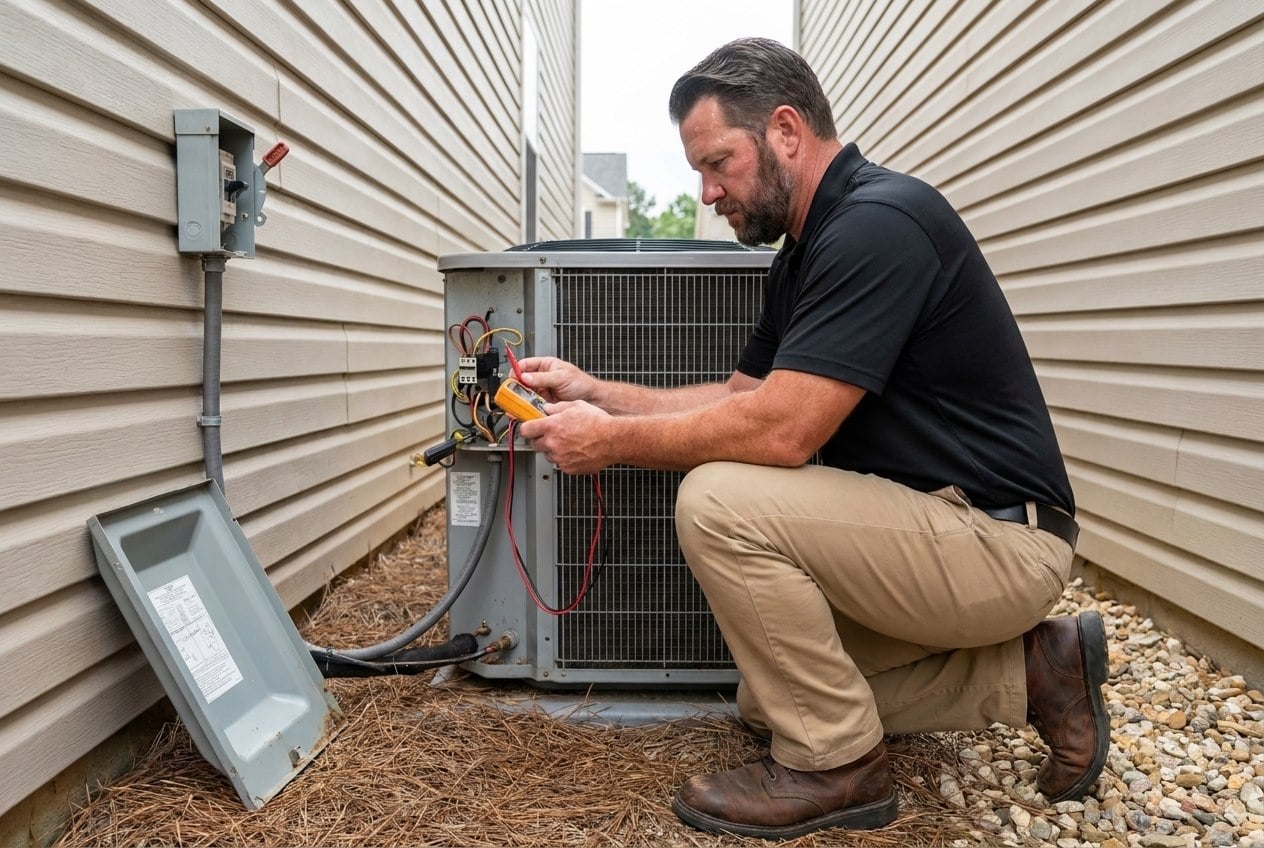 Innovative Mechanical technician testing an outdoor AC unit electrical contactor in Marietta, GA