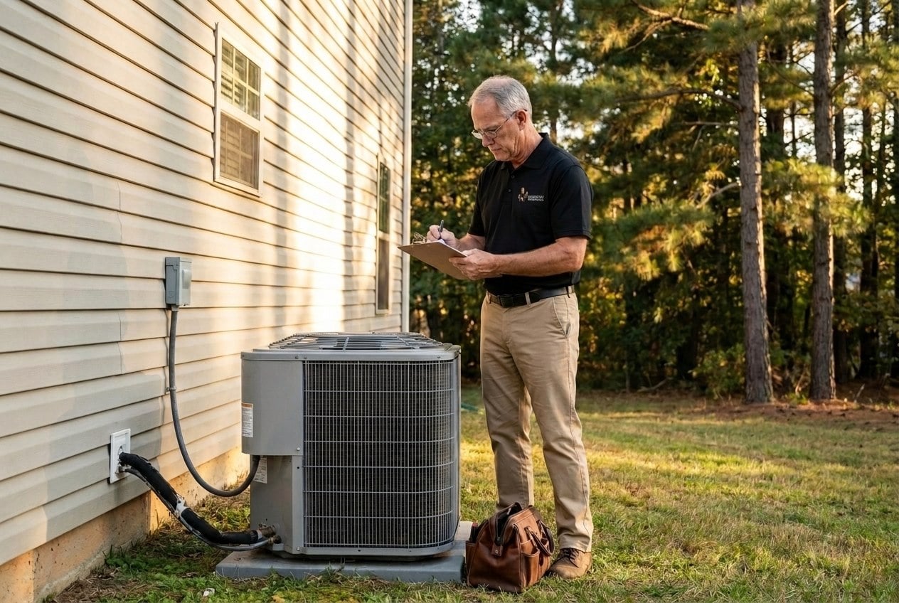 Innovative Mechanical technician recording system readings during an air conditioning tune-up at a Marietta, GA home