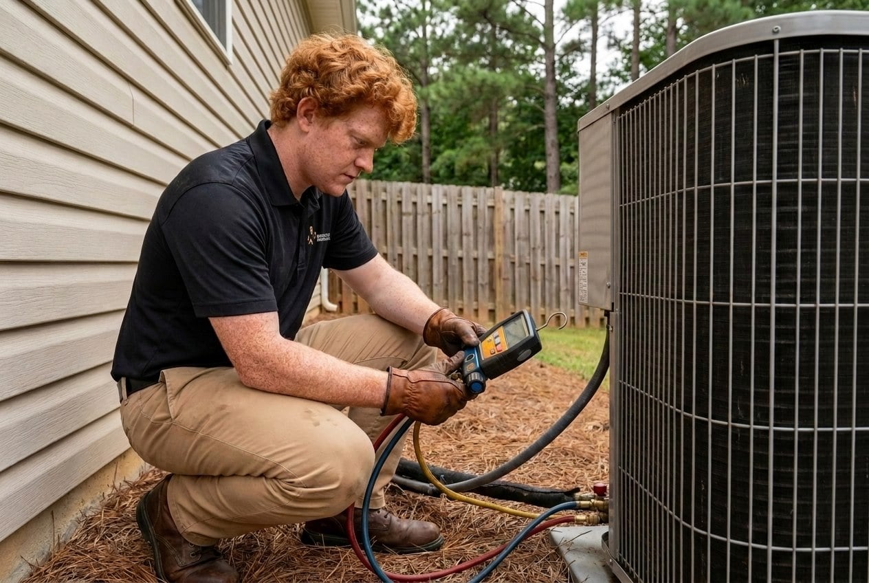 Innovative Mechanical technician pressure testing a refrigerant circuit with manifold gauges during a mini-split repair in Marietta, GA