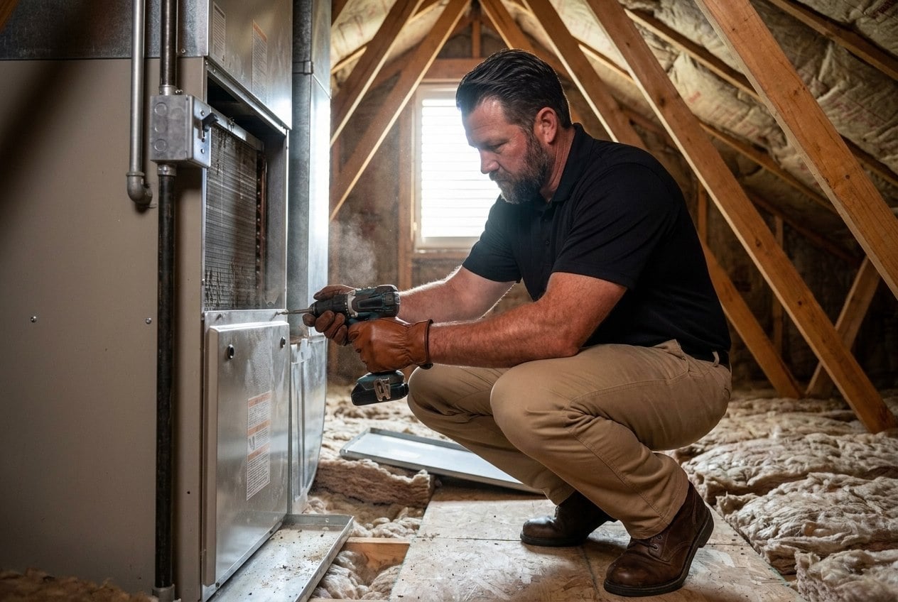 Innovative Mechanical technician servicing an air handler in a Marietta, GA home
