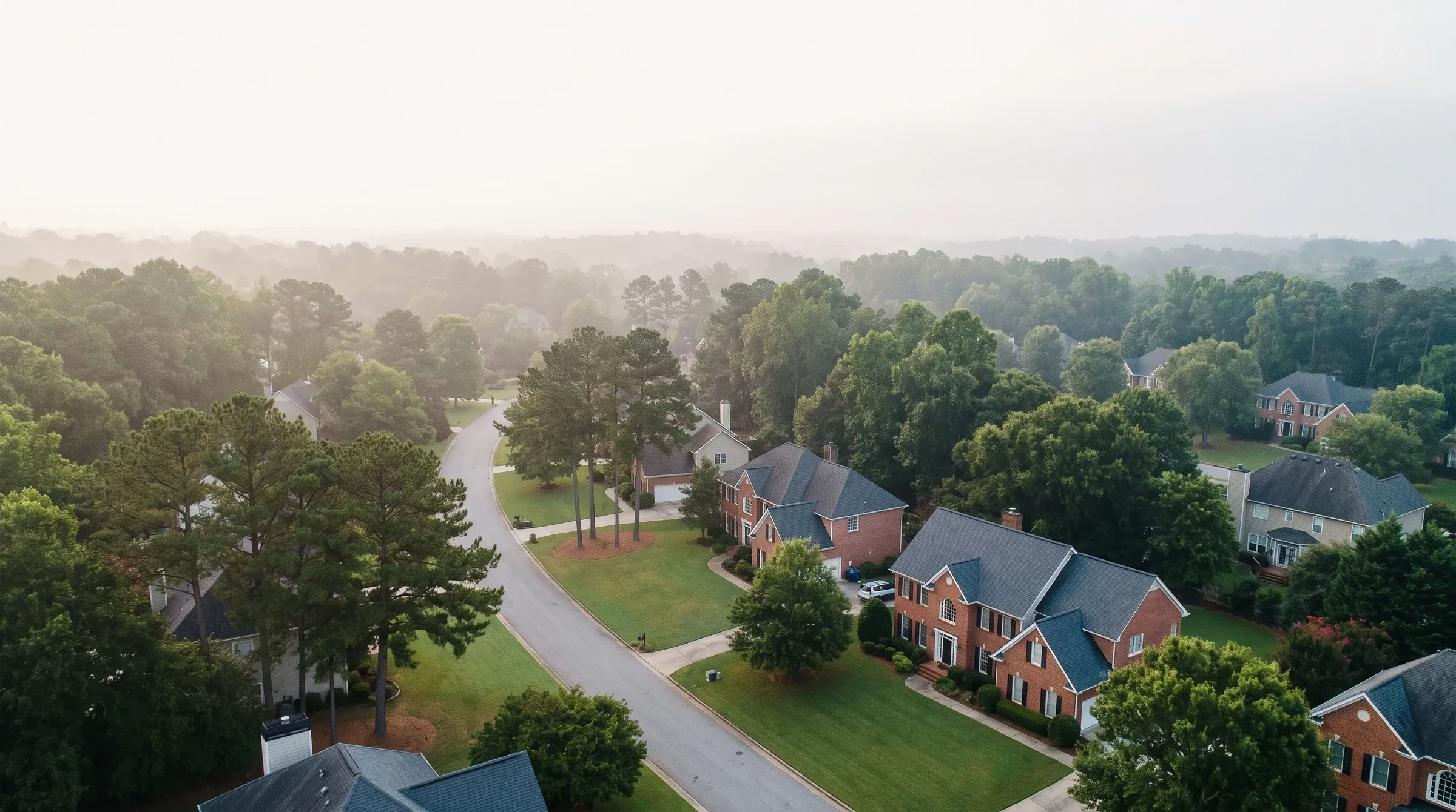 Aerial view of a Marietta, Georgia neighborhood at dawn in Innovative Mechanical's service area