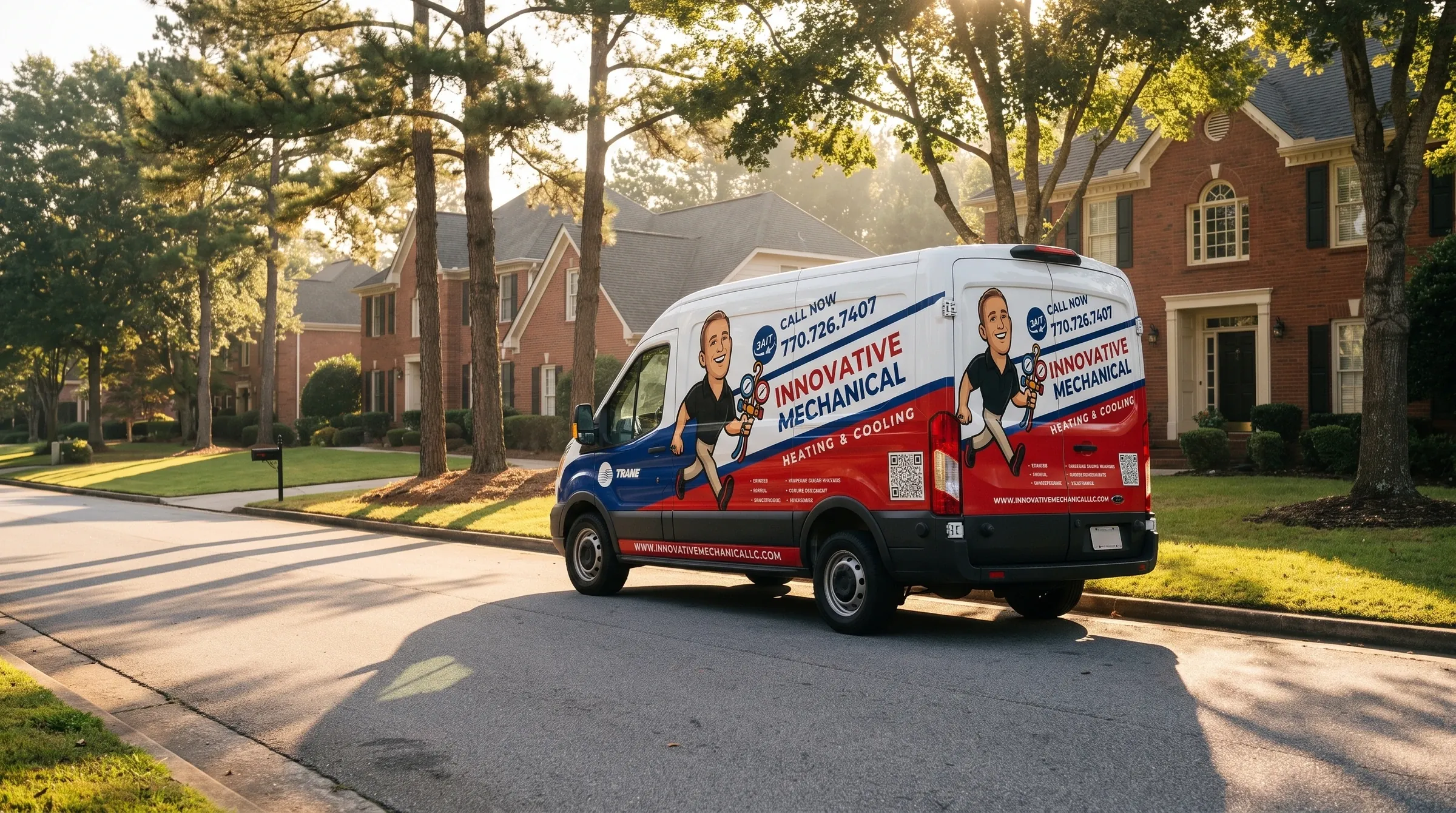 Innovative Mechanical service van parked outside a brick home on a Marietta street