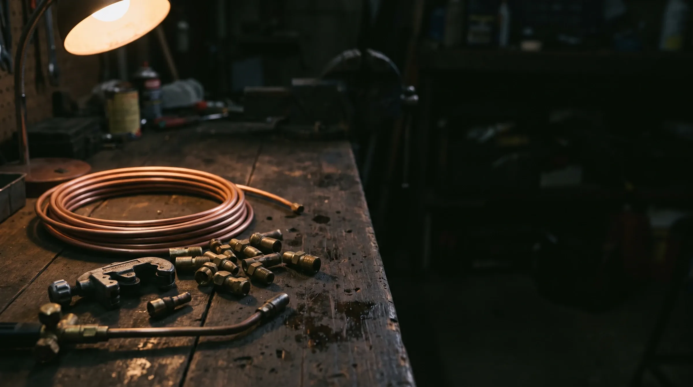 Coiled copper refrigerant line set and fittings on an Innovative Mechanical workbench