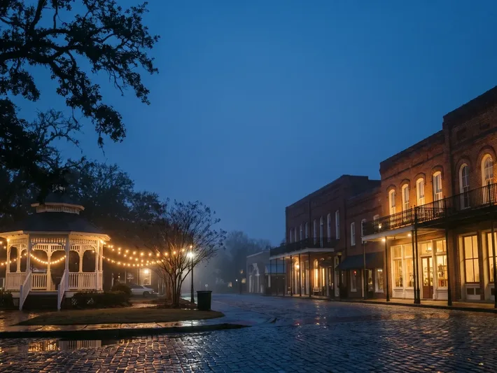 Brick storefronts and a gazebo on a North Metro Atlanta town square at dusk