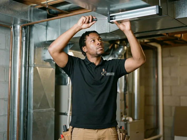Innovative Mechanical technician fitting a UV lamp into an overhead plenum