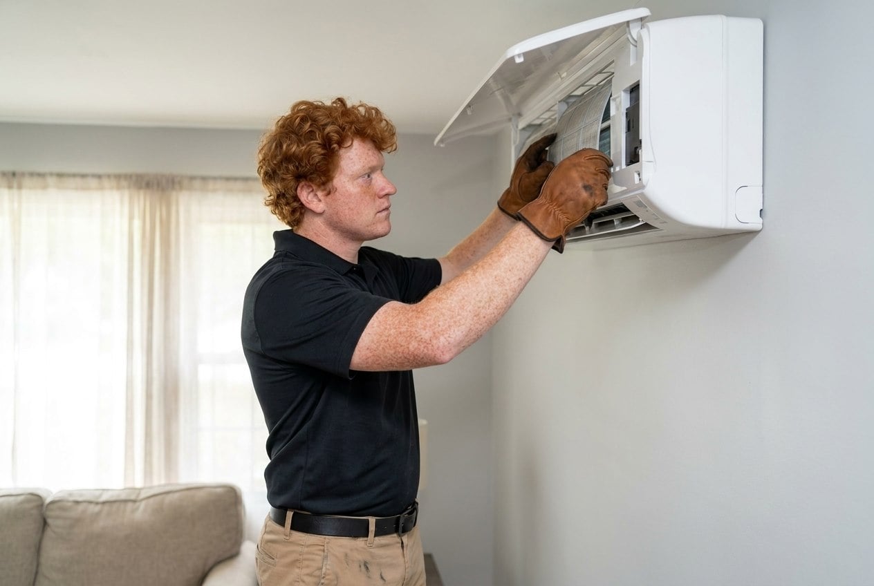 Innovative Mechanical technician servicing a wall-mounted ductless mini-split indoor unit during a repair visit in Marietta, GA