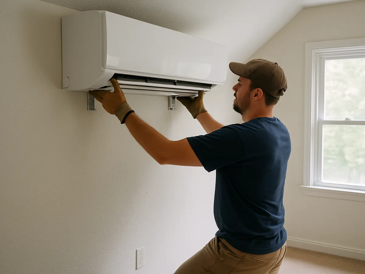 HVAC technician installing a ductless mini-split and routing the line-set through the exterior wall