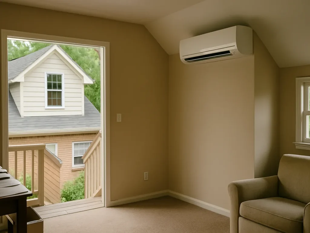 Ductless mini-split head conditioning a finished room in an older Marietta home with no ductwork