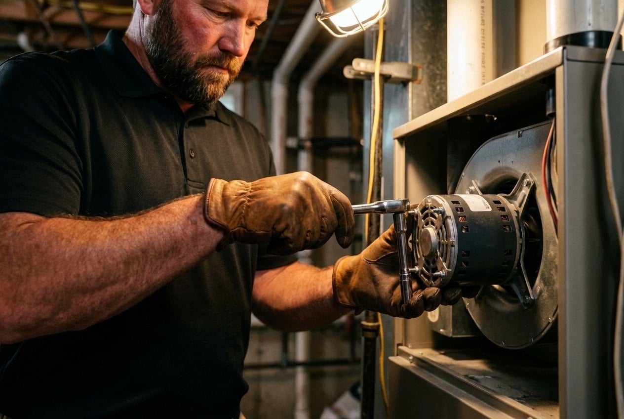 Innovative Mechanical technician replacing a gas furnace blower motor in a Marietta, GA basement