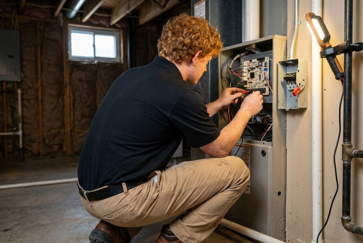 Innovative Mechanical technician testing a gas furnace control board during system setup at a Marietta, GA home