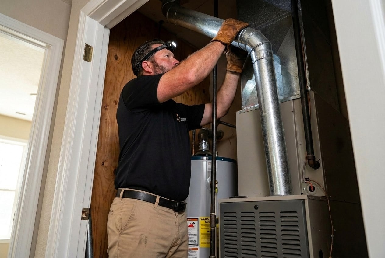Innovative Mechanical technician inspecting a gas furnace flue vent during a heating safety check