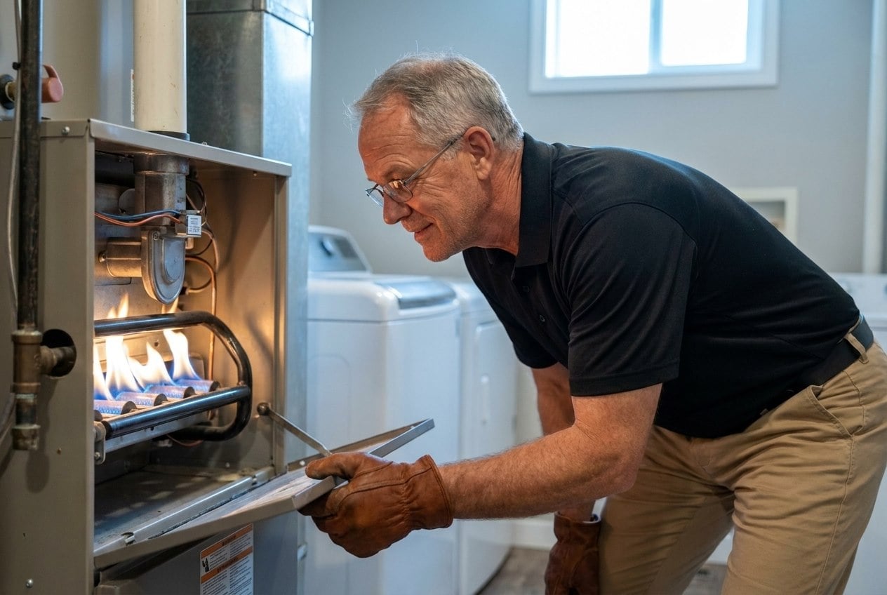 Innovative Mechanical technician checking gas furnace burner flames during a heating service call in Marietta, GA