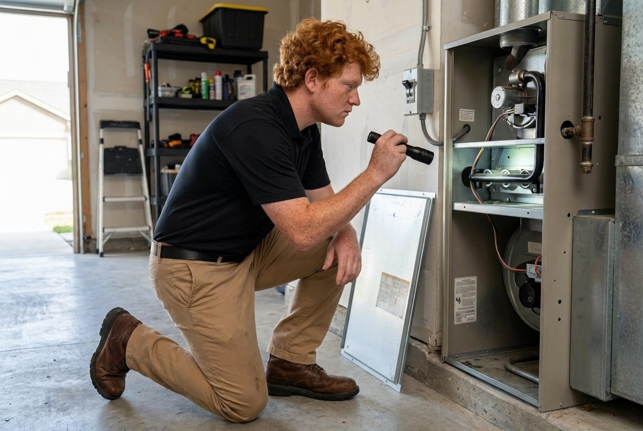 Innovative Mechanical technician inspecting gas furnace burners during a heating service call in Marietta, GA