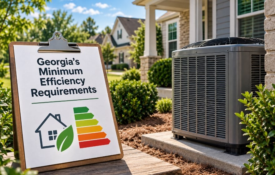 Georgia minimum SEER2 efficiency requirements beside an outdoor AC condenser unit