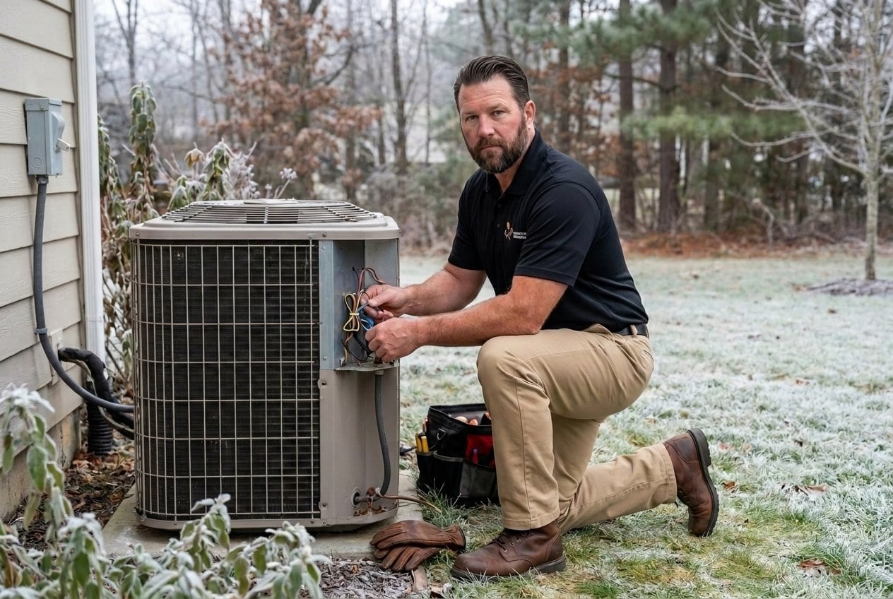 Innovative Mechanical technician servicing a residential heat pump on a cold Marietta, GA morning