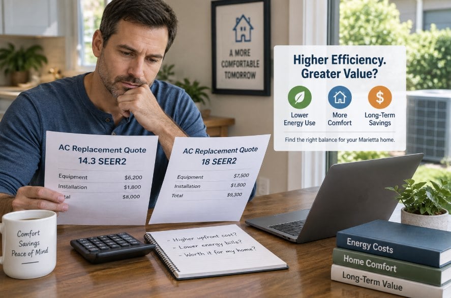 Homeowner weighing whether a higher SEER2 air conditioner is worth the extra upfront cost