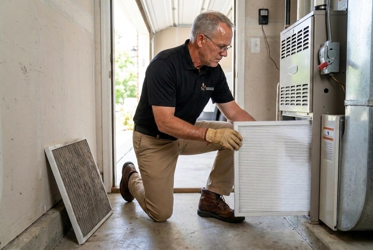 Innovative Mechanical technician working at a gas furnace in a Marietta, GA garage