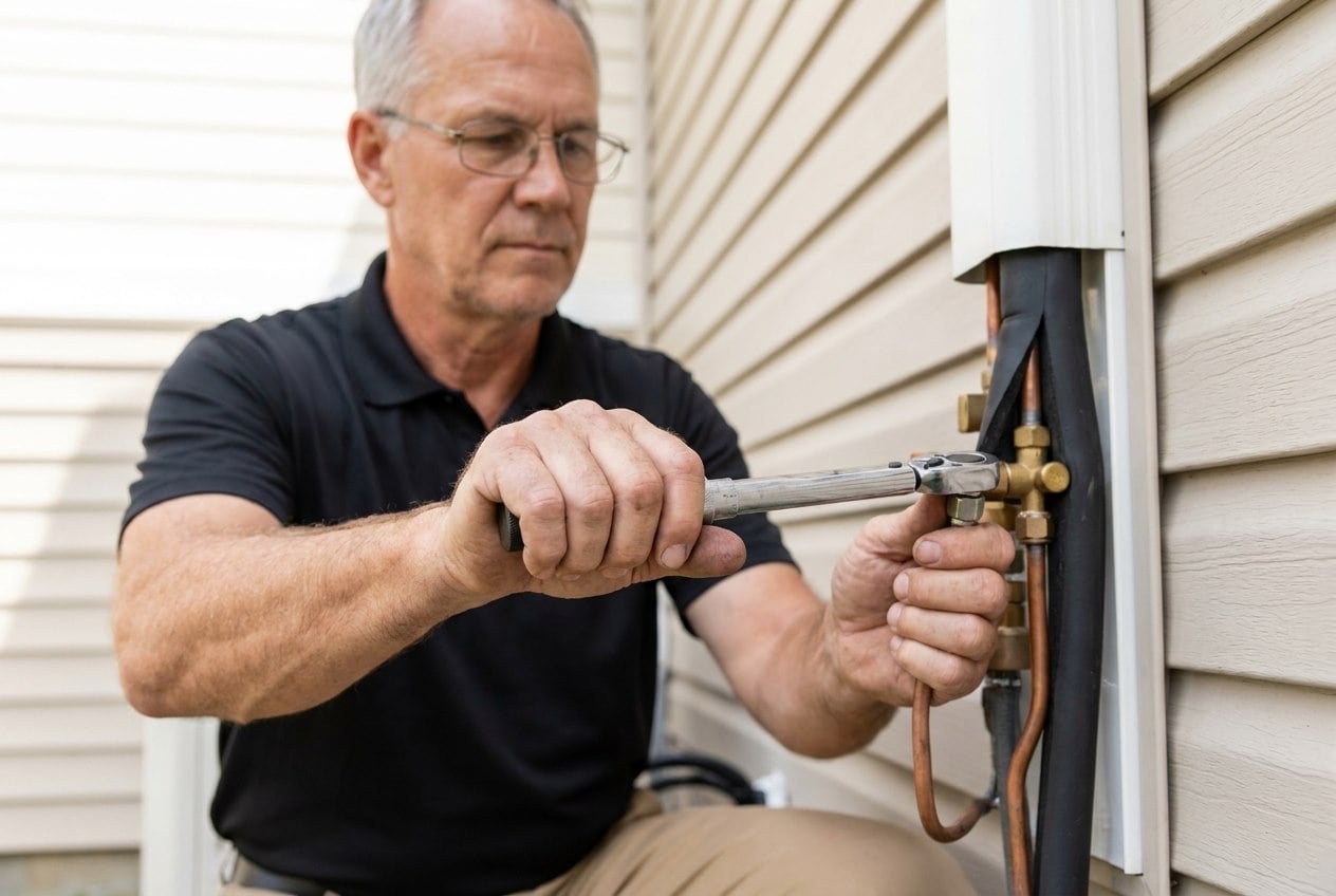 Innovative Mechanical technician connecting a ductless mini-split refrigerant line set in Marietta, GA