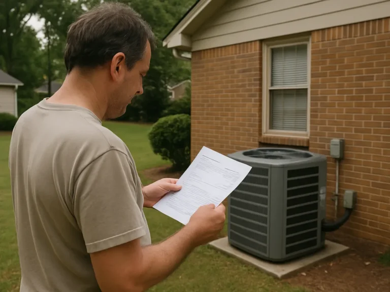 Marietta homeowner comparing two AC replacement quotes with different SEER2 efficiency ratings