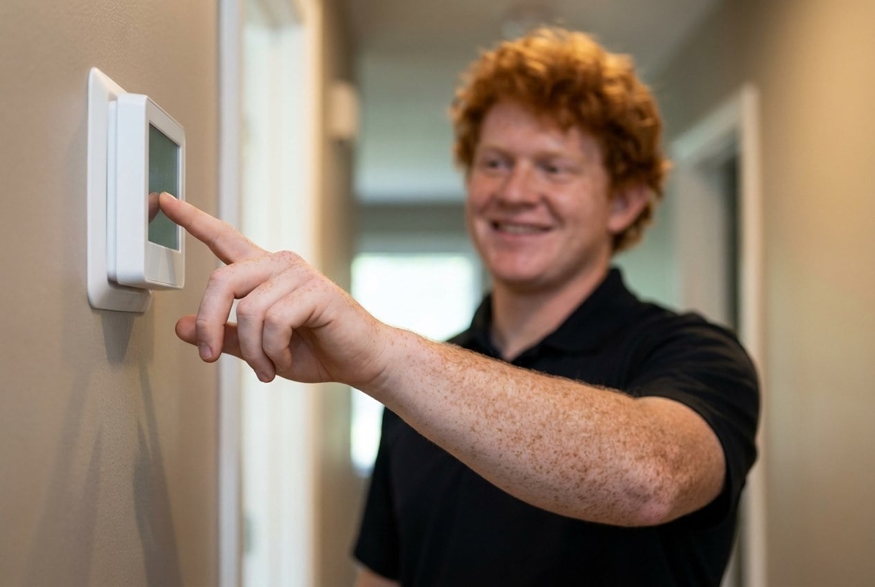 Innovative Mechanical technician setting a smart thermostat during a heating service visit in Marietta, GA