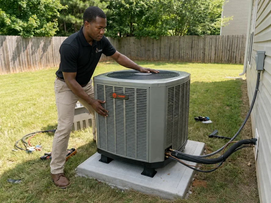 Innovative Mechanical technician working on a condenser on a pad beside a Marietta home