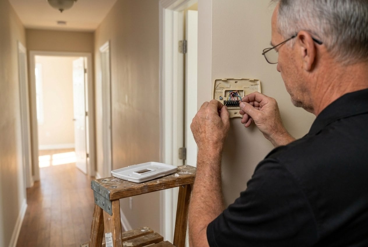 Innovative Mechanical technician wiring a thermostat during a heating service call in Marietta, GA