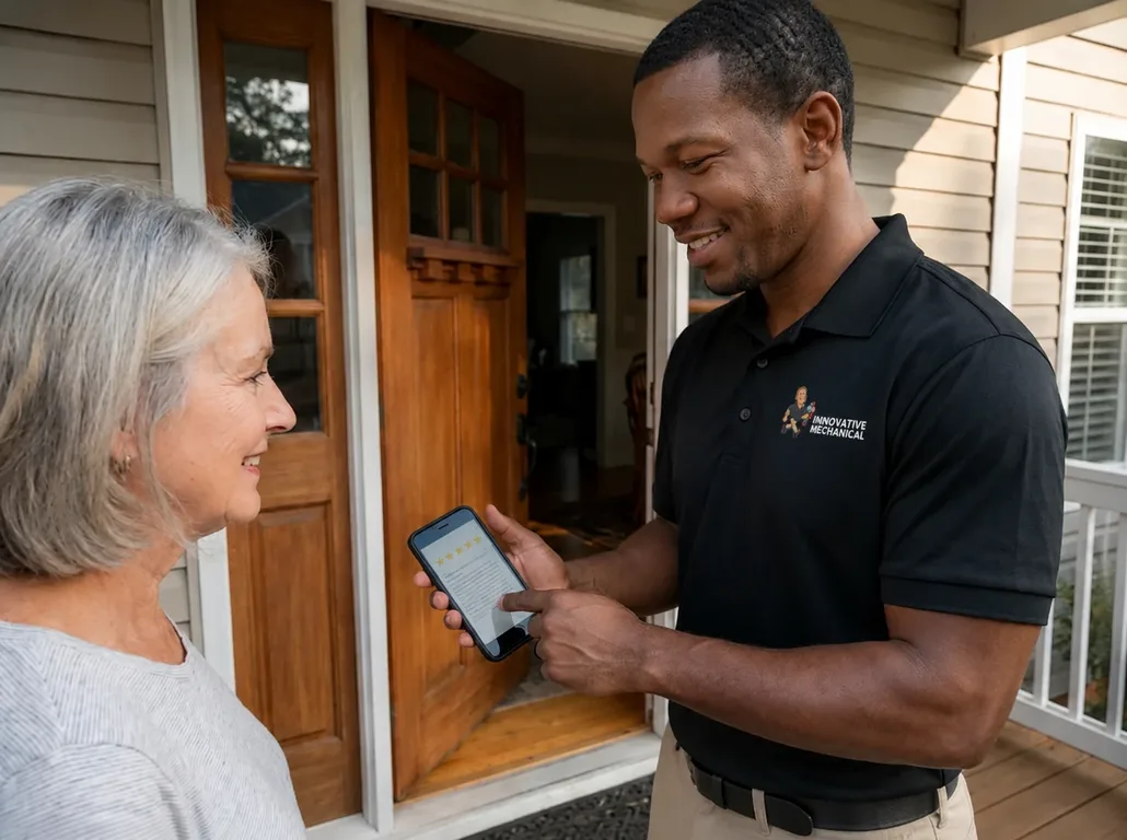 Innovative Mechanical technician at a homeowner's front door in the Marietta service area