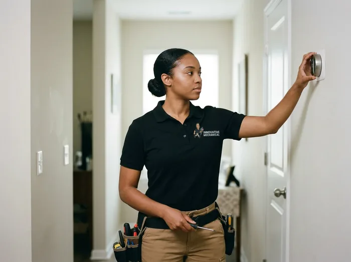 Innovative Mechanical technician setting a wall thermostat in a Marietta home