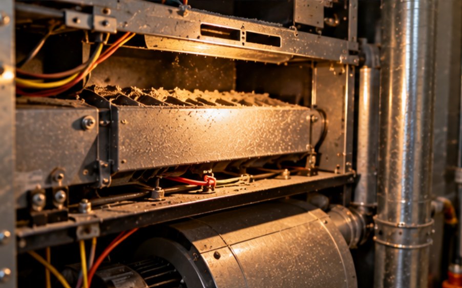 Open gas furnace showing the burners, heat exchanger and wiring during an inspection