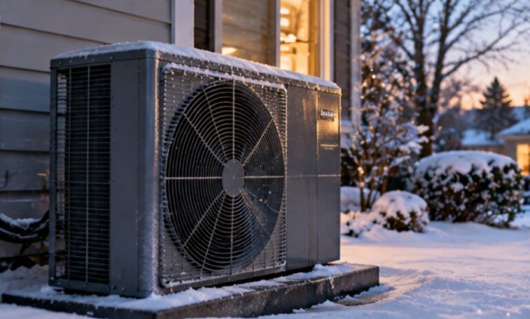 Outdoor heat pump running in snow during cold winter weather in Marietta, GA