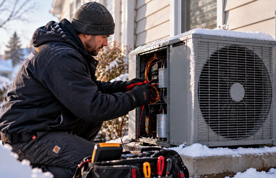 Innovative Mechanical technician testing a heat pump outdoors on a cold winter morning in Marietta, GA