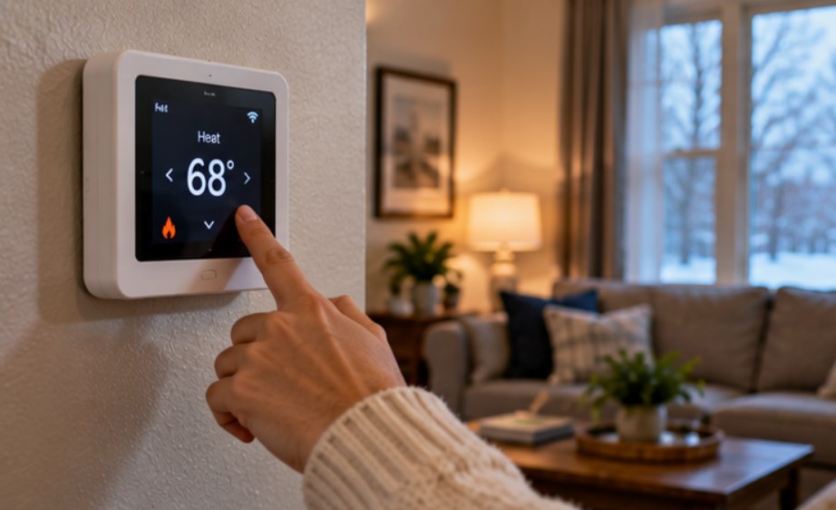 Homeowner setting a smart thermostat to Heat at 68 degrees for the first heating cycle of the season