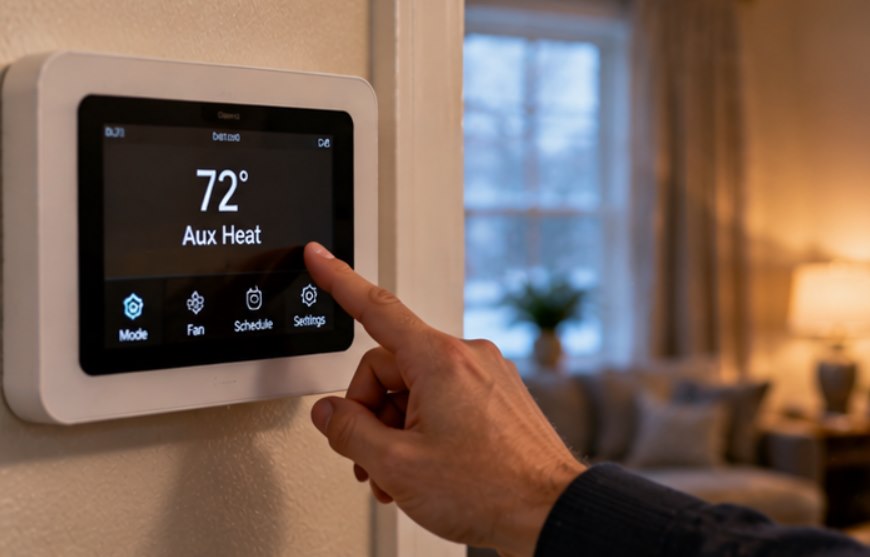 Thermostat displaying AUX heat while a heat pump uses supplemental heating