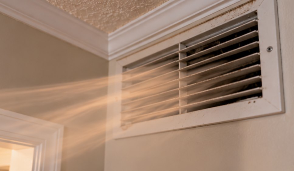 Warm air flowing from a wall supply register after the furnace starts